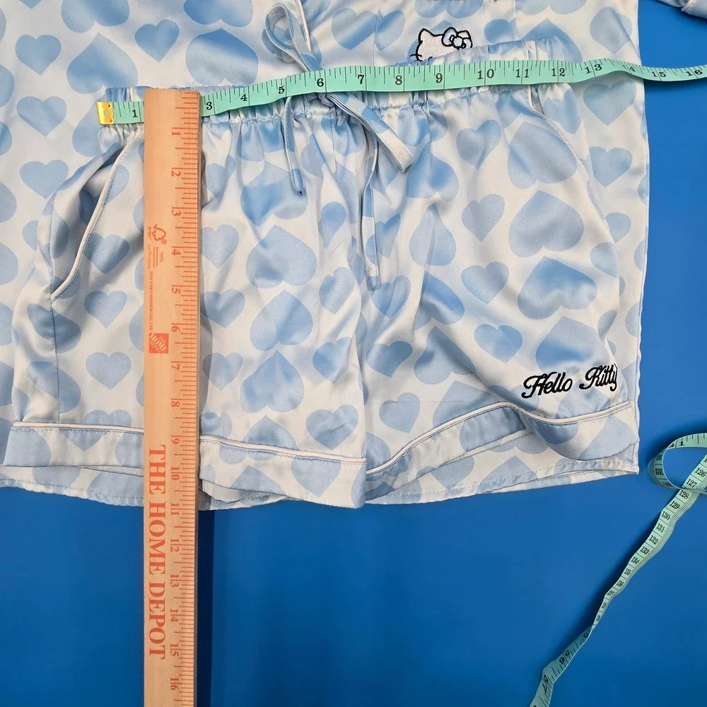 Forever 21 Hello Kitty Sanrio Satin Pajama Set Blue Heart‎ Shorts Top Womens S